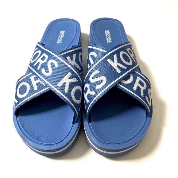 NWOB MICHAEL KORS Crossover Slide Sandal Signature Logo Blue Fabric Canvas - Picture 2 of 5
